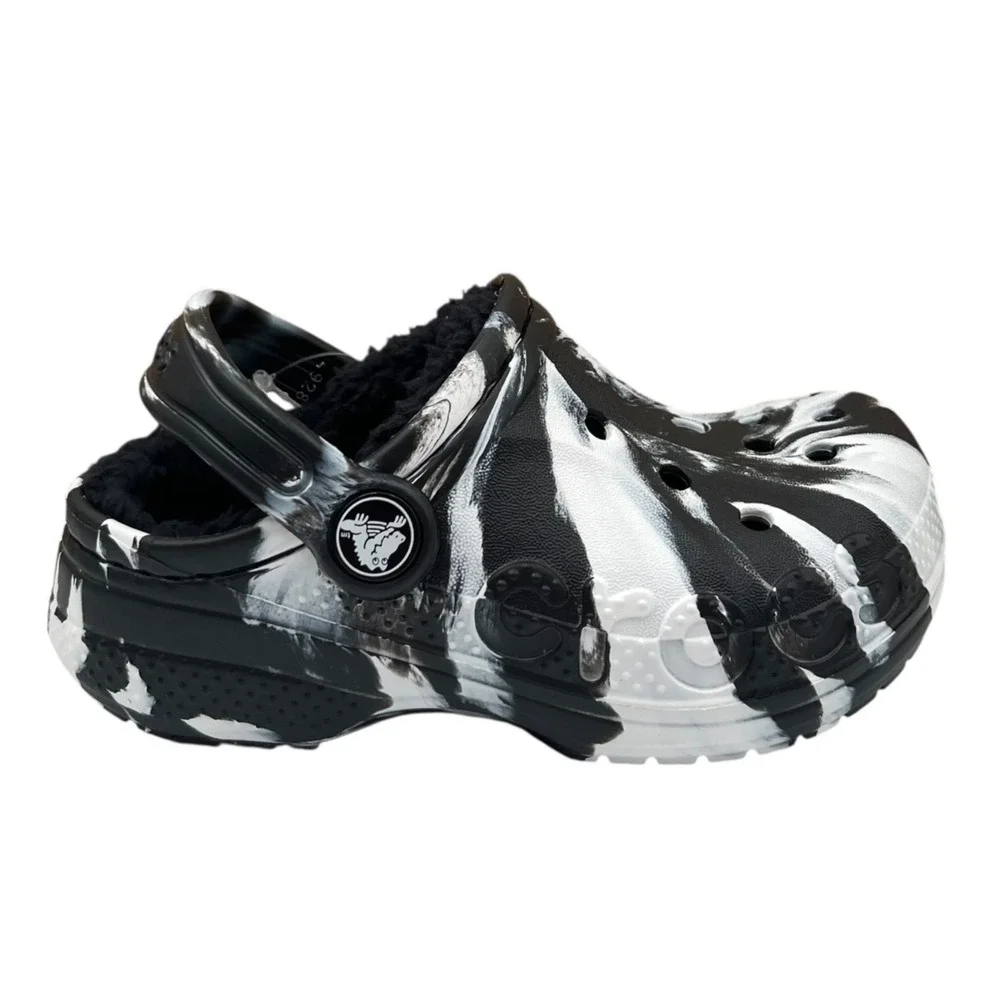 Crocs Toddler Boys Lined Clog Size 8 Black White Marbled Slip-on Cozy Warm Shoes